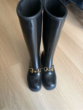 Gucci Black Tall Rain Boots with Gold Horsebit